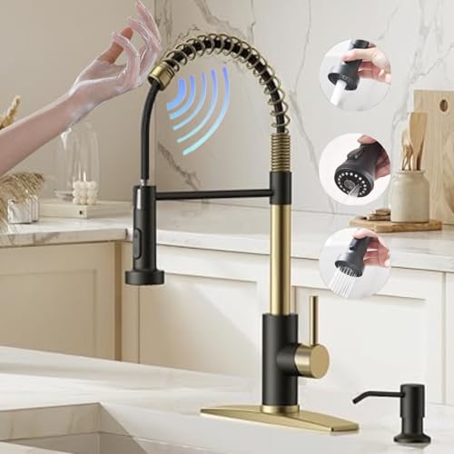 VIDEC Touch On Kitchen Faucet, 3 Modes Pull Down Sprayer, Touch On Sensor Activated, Ceramic Valve, 360-Degree Rotation, 1 or 3 Hole Deck Plate. 10-Year Warranty.(Black/Brushed Gold, KW-62GR)