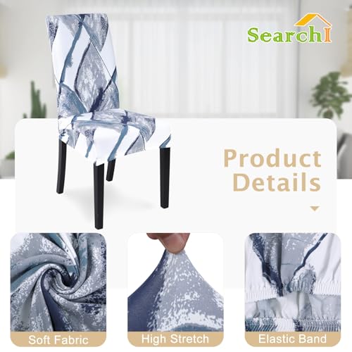 Image of SearchI Printed Dining Room Chair Covers Set of 4, Stretch Kitchen Chair Covers Washable Parsons Chair Slipcover Removable Dining Chair Protectors for Hotel,Ceremony(Blue /White)