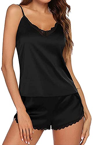 Conjunto de pijama para mujer camisola de satén de seda + conjunto de pantalones cortos, cuello en V de encaje Sexy ropa de dormir sin mangas conjuntos de pijama Loungewear Pjs conjuntos para verano Cover