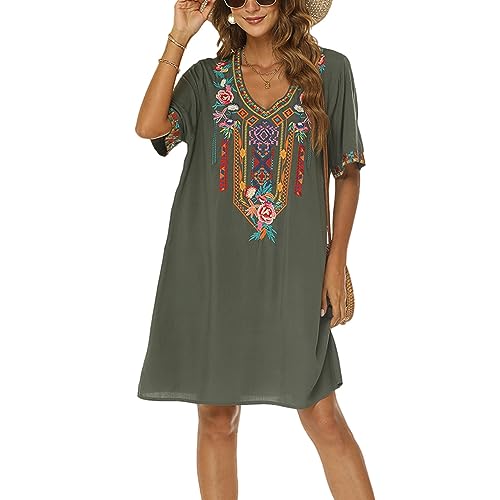 drakloak Damen Bohemian Stickerei Kleid Boho Mexican Peasant Dress V-Ausschnitt Feiertagskleid Hippie Bohemian Kleider Kurzarm Freizeitkleid mit...