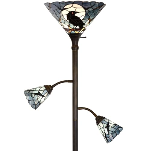Bieye L10957 Raven Sitting on Bare Tree Branch in Full Moon Night Tiffany Style Stained Glass Torchiere Floor Lamp with Sidelights for Reading Home Decor, 70-inches Tall (Dark Blue)