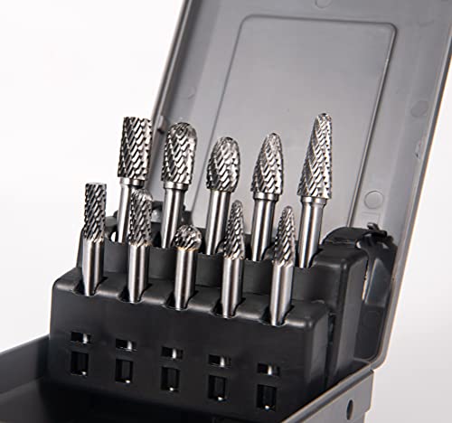Image of 1 /4 inch Shank 10pcs Double Cut Solid Carbide Rotary Burr Set | Carbide Burrs Die Grinder Bits for Steel,Metal Carving, Polishing,Engraving,Drilling