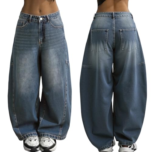 Image of EMMIOL Women Hip Hop 90s Vintage Baggy Jeans Denim Pants Mid Waist Jeans
