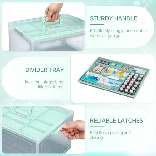 Image of Hushee 24QT Clear Medicine Storage Box for First Aid Supplies,Green | Removable Tray and Handle Design for Home, Travel and Emergency Supply Organization