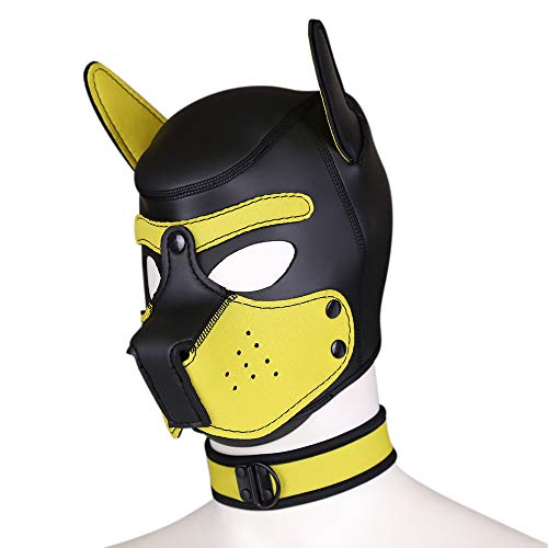 YiQin RWSX Hundemaske mit Kragen, Weiche Latex Petplay Hundemaske mit Ohren Welpenmaske Hunde Masken, Abnehmbarer Mund, Geeignet für Halloween, Urlaubsparty (XL, Gelb)