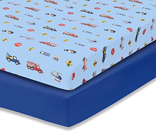 Image of Everyday Kids 2 Pack Fitted Boys Crib Sheet, 100% Soft Breathable Microfiber Baby Sheet, Fits Standard Size Crib Mattress 28in x 52in, Nursery Sheet - Rescue/Blue