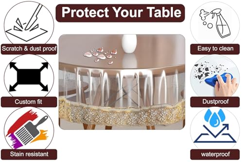 Image of The Furnishing Tree Round Shaped 4 Seater Transparent Table Cover WxL 60x60 inches 0.25 mm Thickness with Golden Lace