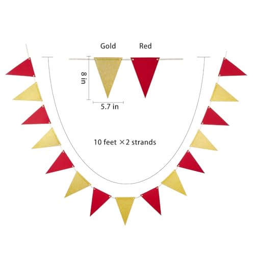 Image of MOWO Gold Red Pennant Banner Paper Bunting, 30pc, 20 feet | Birthday Graduation Retirement wedding new year valentines day Hanging Decoration
