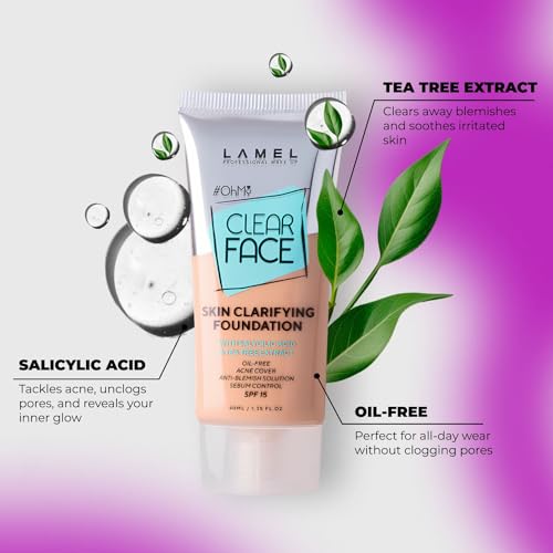 Image of Lamel- Oh my Clear Face Foundation 405-Buff Beige| Contains tea tree extract and salicylic acid |Controls sebum production |Anti-blemish formula |SPF 15 |Oil-free foundation | 40ml