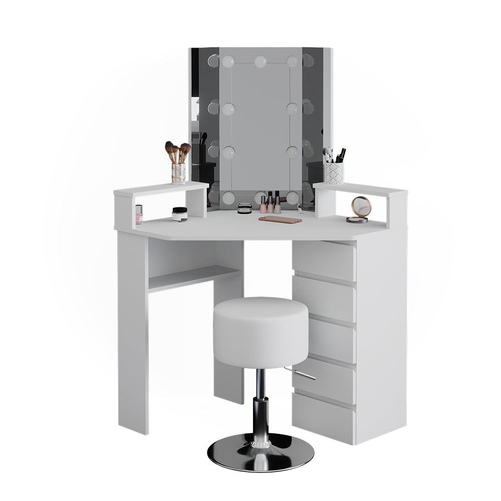 Coiffeuse Ania en blanc + tabouret + lumière LED acheter