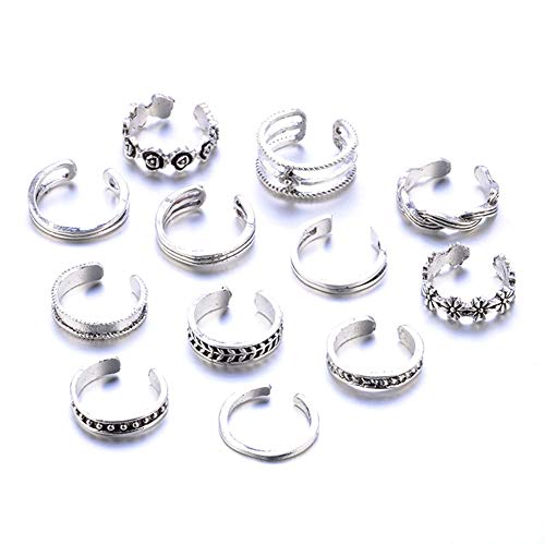 Toe Rings for Women Girls,12PCS/Set Fashion Retro Silver Color Oxidized Engraved Carved Flower Adjustable Open Band Finger Foot Toe Knuckle Tail Ring Bohemian Accessories Jewelry