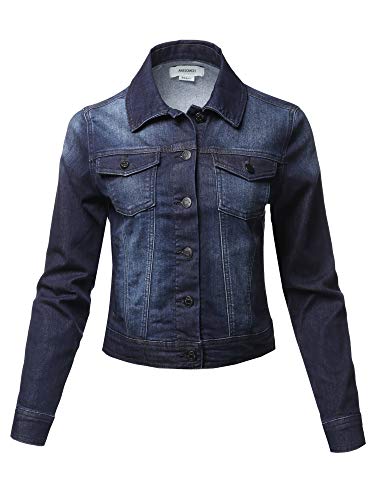 Awesome21 Basic Long Sleeves Soft Shell Stretch Denim Washed Jacket Dark Wash M