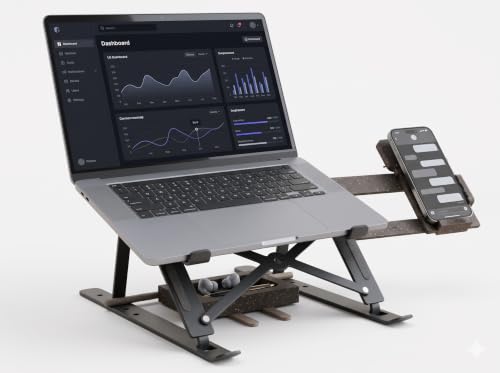Image of ALS05 Ergonomic Foldable Laptop Stand with Integrated Phone Holder & Accessories Storage Tray - 6-Angle Adjustable Wooden Accent Notebook Riser for Desk (10-17 inch Laptops)