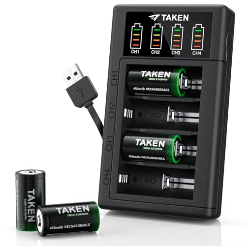 Taken 123 Batteries Lithium 4Pack Includes Charger, 3.2V 123A Rechargeable Batteries Cycle 2000+ Times for Flashlight, Smoke Detector, Glassbreak Sensor