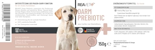 ReaVET Darm Prebiotic für Hunde 150g - Präbiotikum zur Unterstützung der Darmflora & Verdauung - Natürliche Darmkur bei sensibler Verdauung, Hund Darmflora aufbauen, Darmsanierung für alle Hunderassen
