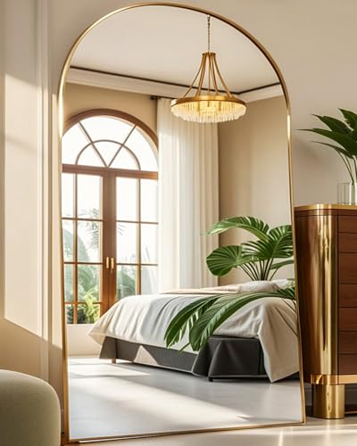 ALU-4690 Arched Full Length Mirror 90"x46" Full Body Floor Mirror Standing Hanging or Leaning Wall, Arch Wall Mirror with Stand Aluminum Alloy Frame for Bedroom Cloakroom Gold