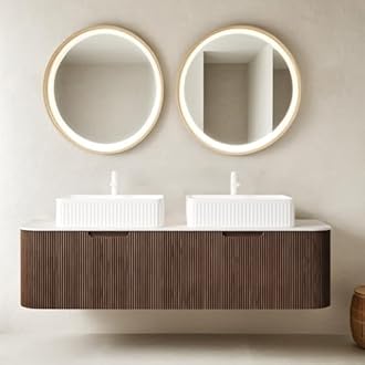 AmbroVania 60" Floating Bathroom Vanity with Sink, Wall-Mount Cabinet with 2 Large Storage Drawer, 2 White Rectangular Ceramic Basins and Marble Top, Soft-Close Design, Dark Walnut