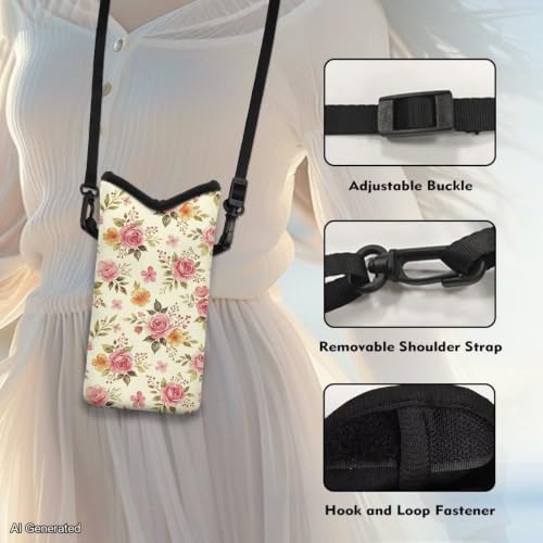 Image of Small Crossbody Bag for Women Waterproof Cell Phone Case Neoprene Mobile Phone Protection Bag Mini Satchel for Travel, Beach, Casual, Rose Floral Beige
