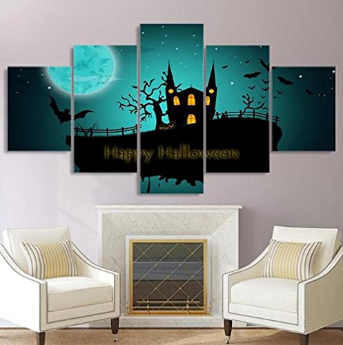 Tableau 5 pieces citrouille d'Halloween toile decoration salon automne avec cadre en bois