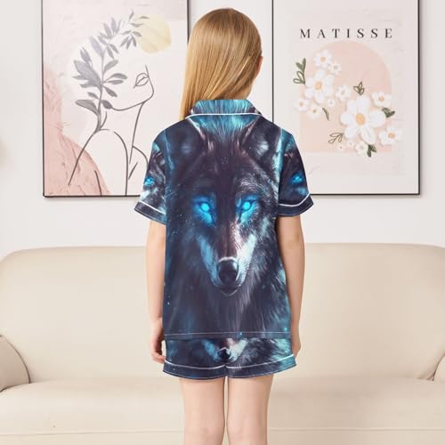 ALAZA Blue Eyed Wolf Animal Satin Pajamas Set Short Sleeve Button Down Sleepwear Summer Pjs 2 Piece4