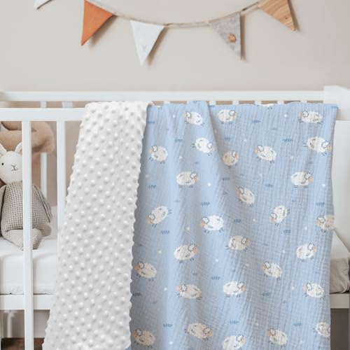 Image of SANDJEST Little Sheep Minky Muslin & Dotted Blanket 30x40 in Gift for Holiday, Gender Reveal Party, Hospital Visit, Baptism