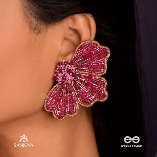 Image of SANJOYA by EVERSTYLISH Embroidered Stud Earrings for Women | Floral Sequin & Beaded Statement Earrings | Ethnic Jewelry for Weddings & Festive Occasions