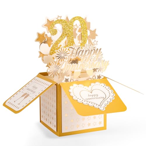 20ème Carte d'Anniversaire, 3D Or Happy Anniversary Carte Pop-Up avec Enveloppe pour Femmes Hommes Épouse Mari Couples Parents Lui Elle Cadeau de Mariage
