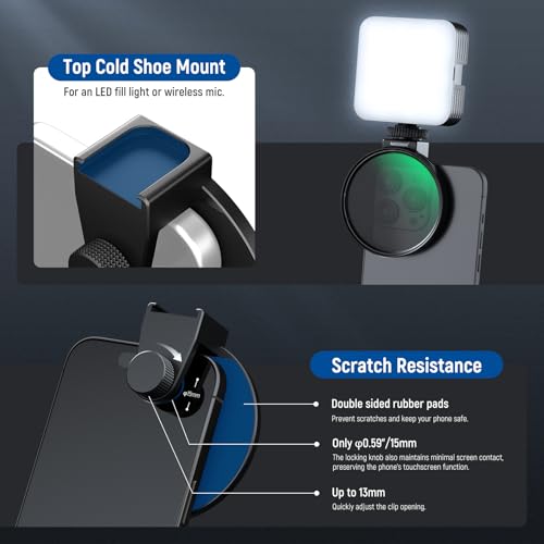 Image of NEEWER Clip On Phone Filter Kit, 67mm Multicoated CPL Filter with Cold Shoe Cell Phone Clamp, Carrying Case & Cleaning Cloth Accessories Compatible with iPhone Samsung Android, FL-79