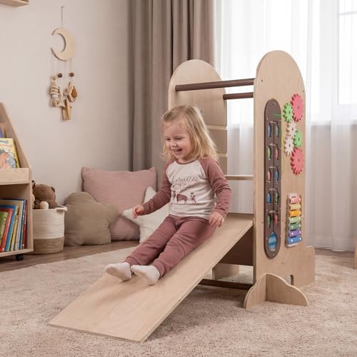 Image of Costzon Toddler Step Stool, 4-in-1 Kids Kitchen Standing Tower with Adjustable Height, Chalkboard & Slide, Montessori Games, Safety Rails & Anti-tip Feet, Wooden Children High Chair for Boys & Girl