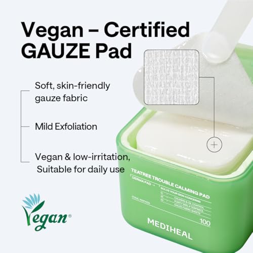 Image of MEDIHEAL Toner Pads 100 Count - Teatree Trouble Calming - Contains Purity 99% Teatree (4-Terpineol) - for Sensitive & Acne Prone Skin - Vegan Hypoallergenic Face Gauze, Korean Skin Care