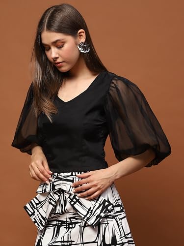 Image of Sera Classics Women's Elegant Printed Sheer | Tie-Dye | Floral | Puff Sleeve Casual Wear Top | Blouse