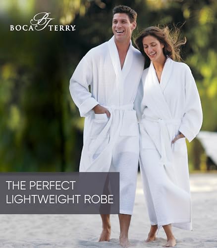 Men's Waffle Robe by Boca Terry, White Waffle Knit Robe, Full Length, Lightweight Shawl Bathrobe.4