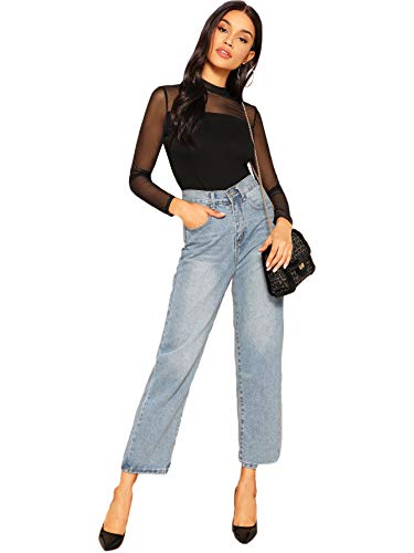 SweatyRocks Women's Elegant Long Sleeve Contrast Sheer Mesh Slim Fit T Shirt Tops Black #1 S