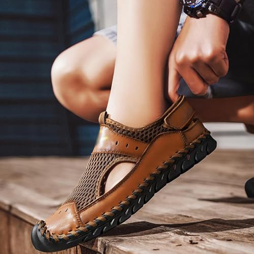 Men's Closed Toe Sandals Summer Breathable Comfortable Leather Mesh Sandals Beach Closed Toe Water Sandals, US-9/9.5, B-brown2