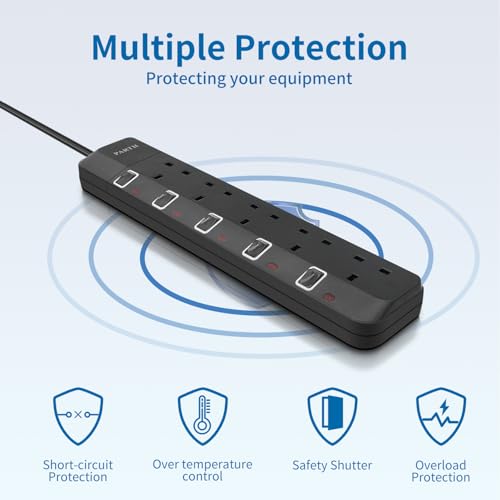 PARTH 2M Black Extension Lead Surge Protection - 5 Gang Multi UK Plug Extension Socket with Switches - 2 Metre Long Heavy Duty Cord Extension Cable- Wall Mounted 5 Way Power Extension 3250W/13A - Image 2