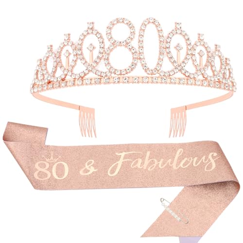 KIUEZIR 80th Birthday Tiara & Sash Set - Rose Gold Rhinestone Headband with Comb with 80 & Fabulous Glitter Sash, Milestone Birthday Party Accessories for Women (Grandma/Mother/Friend Celebration)