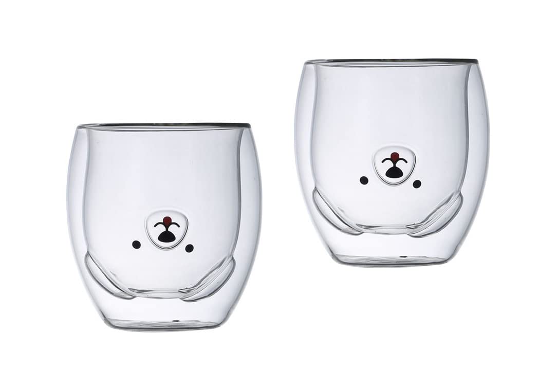 NB Cute Glass Mugs Bear Coffee Tea Coffee Cup Milk Couple Double Wall Glass Mugs. Juice Milk Chocolate Cappuccino Animal Cup Funny Valentine's Day Birthday Gifts For Boys And Girls (2Pack)