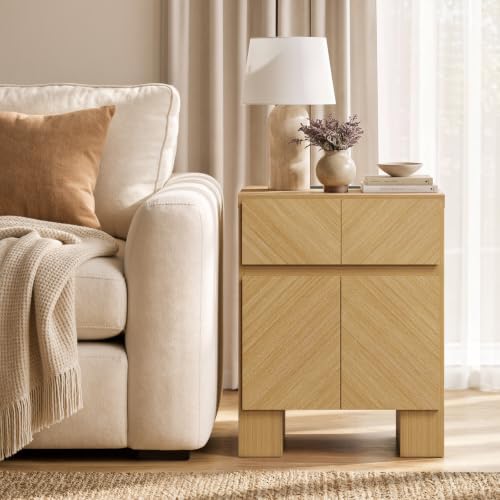 Image of ModernMate 23.5 inch Tall Modern Nightstand, Wood Bedside Table with Drawer, USB-C Port, Wooden Night Stand End Table for Bedroom, Sofa, Chevron Pattern Design, Stable Legs, Natural Oak