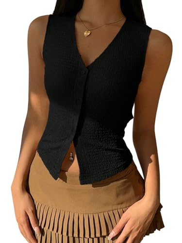 Gilet sans manches en tricot pour femme GORGLITTER col en V boutonné décontracté