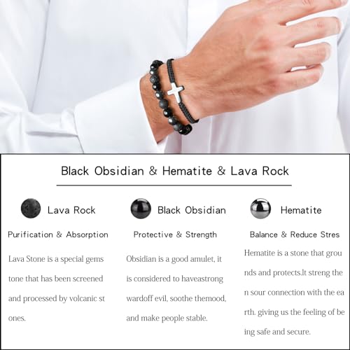 2 pcs Cross Beaded Bracelets for Men,8mm Black Obsidian Tiger eyes Hematite Mens Triple Protection Bracelet Set Fathers Day Birthday Jewelry Gifts3