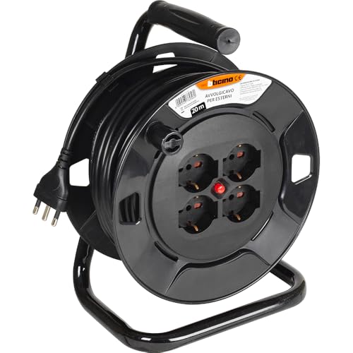 BTICINO Kabeltrommel S2620, elektrische Verlängerung 20 Meter, 4 Schuko-Steckdosen, zweipolig, großer Stecker 16 A, Thermoschalter, ergonomischer Griff, Kabelhalter und Kabeltrommel, Full Black