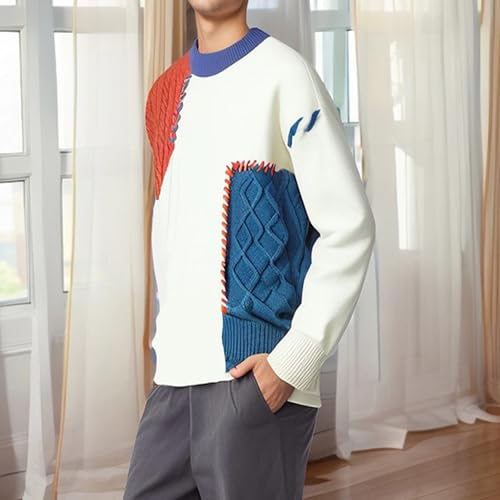 Men’S Korean Style Patchwork Pullovers Knit Sweater Round Neck Long Sleeve Slip-On Computer Knitted Jumper Tops3
