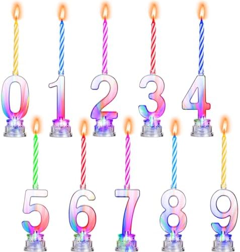 Boao 50 Pcs Birthday Number Candle Set Includes 10 Pcs Multicolor LED Flashing Number Candles with Transparent Shell and 40 Pcs Wax Candles(Colored Candle Style)
