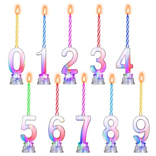 Boao 50 Pcs Birthday Number Candle Set Includes 10 Pcs Multicolor LED Flashing Number Candles with Transparent Shell and 40 Pcs Wax Candles(Colored Candle Style)