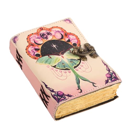 TUZECH Book of Spells Leather Bound Journal Deckle Edge Paper Grimoire Printed Diary Third Eye witchcraft supply and Witch Spell Notebook Antique Vintage Book for Men and Women (Pink Luna Moth)