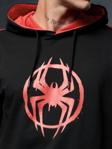 Image of The Souled Store Official Spider-Man: Saving The Spider-Verse Mens Regular Fit Half Sleeve Graphic Printed Cotton Black Color Hooded T-Shirt Men's T-Shirts Graphic Tees Casual Fashion