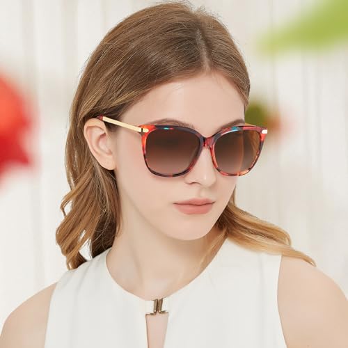 AVAWAY Womens Square Sunglasses Polarized UV Protection Red Cat Eye Metal Arm Acetate Frame Category 3 Sun Shades Sunnies3