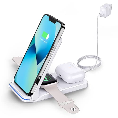 感应充电器，3 合 1 无线 iPhone 充电器 18W 通用 Qi 便携式可折叠快速感应充电器，适用于 iPhone13/12/11/X/8Plus、Apple Watch 系列和 Air pods Pro/2 白色