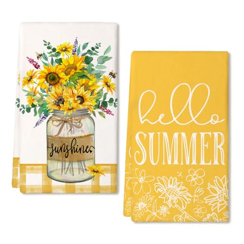 ARKENY Sunflower Hello Summer Kitchen Towels Dish Towels Set of 2 Yellow Vase Floral Hand Towels 18x26 Inch Drying Dishcloth Farmhouse Home Seasonal Holiday Summer Decorations AD317