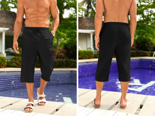 Gafeng Mens Cotton Linen Yoga Pants Elastic Drawstring Casual 3/4 Capri Shorts with Pockets3